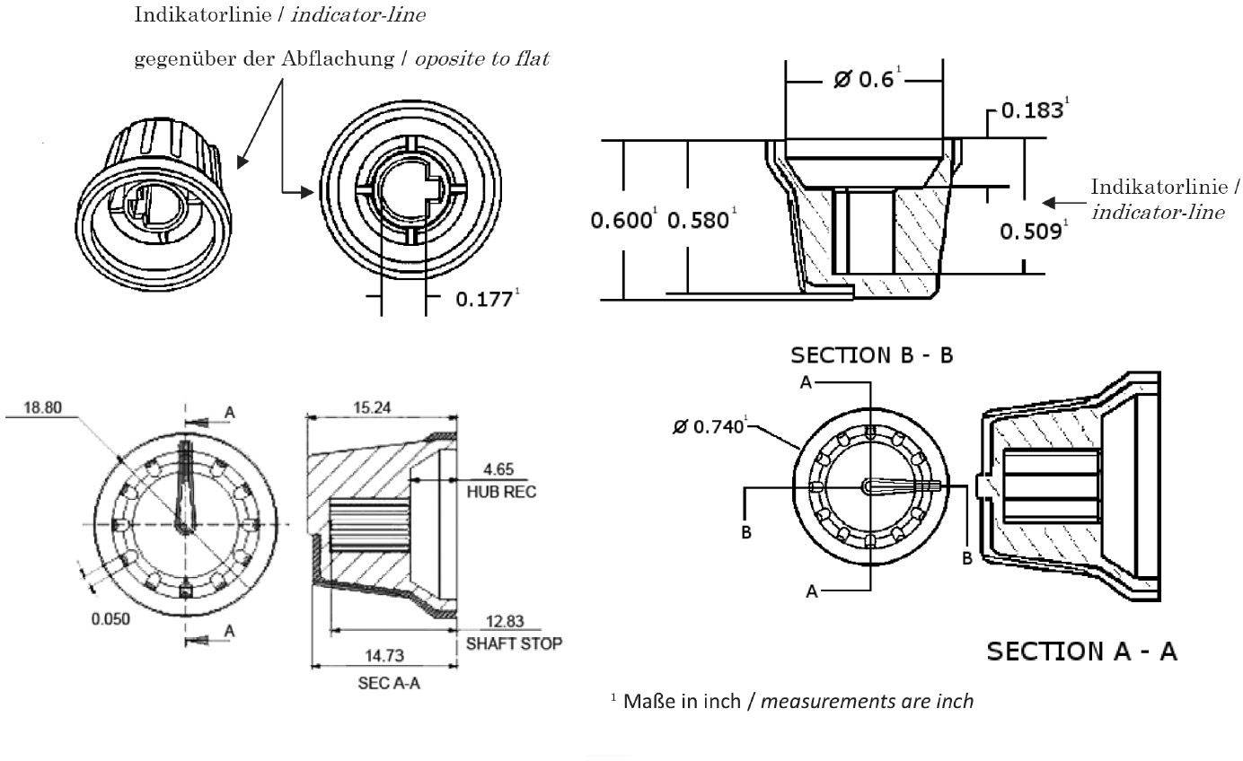 Technische tekening van een draaiknop met afmetingen in inches. Toont vooraanzicht, bovenaanzicht en doorsnede, inclusief specifieke doorsnedemarkeringen.