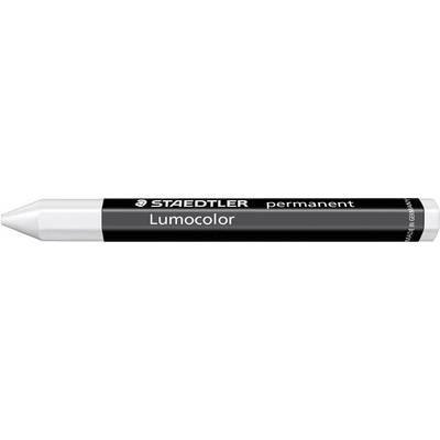 Een zwarte STAEDTLER Lumocolor permanente marker met witte punt, geschikt voor verschillende oppervlakken. Made in Germany.