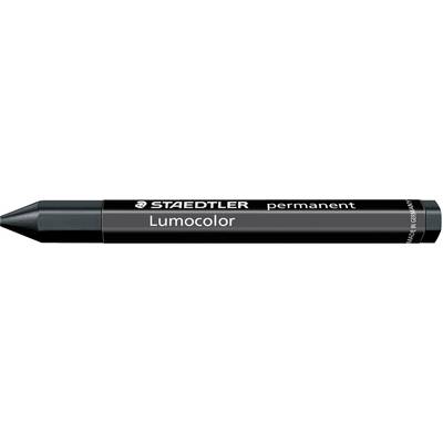 Zwarte, permanente Lumocolor-stift van Staedtler, cilindrische vorm, geschikt voor verschillende oppervlakken.