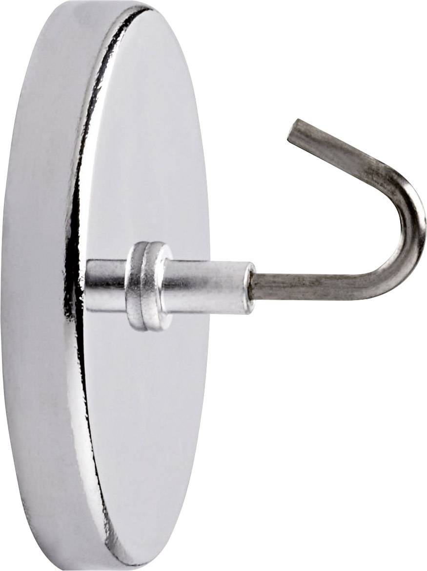 Een zilveren metalen haak op een platte, ronde voet voor wandbevestiging. Ideaal voor het ophangen van lichte voorwerpen.