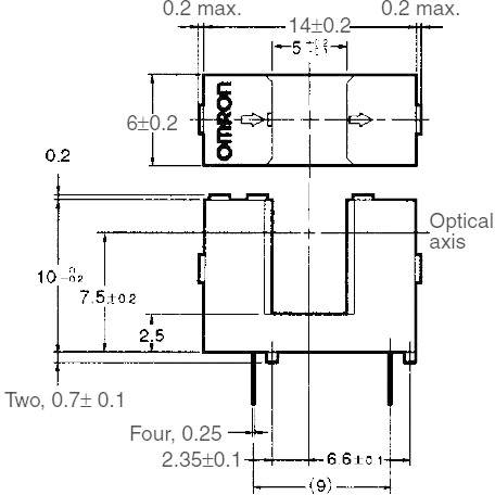 Technische tekening van een Omron-fotointerrupter met nauwkeurige maatvoering in millimeters voor componenten en afstanden, inclusief optische as.
