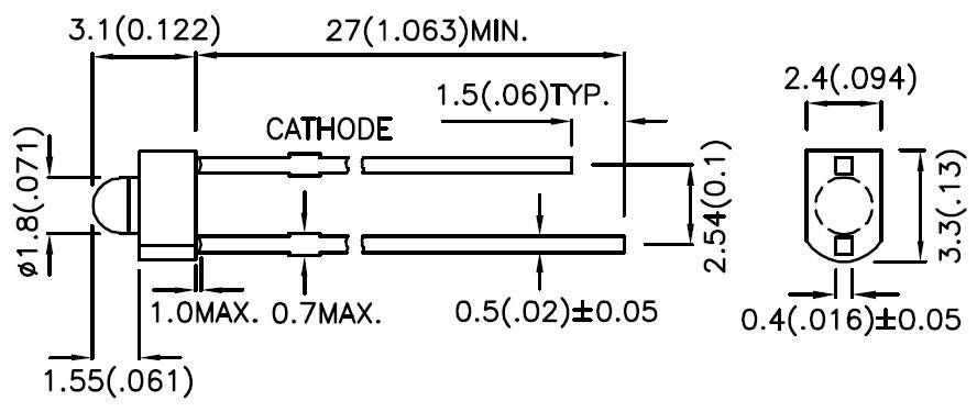 Technische tekening van een LED met maatvoering. Toont diameter, lengtes van de aansluitingen en markering van de kathode.