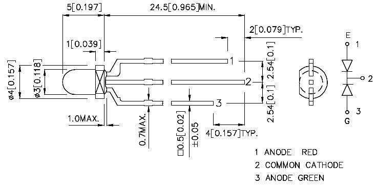 'Schakelschema van een tweekleurige LED met pinbezetting: 1 - Rode anode, 2 - gemeenschappelijke kathode, 3 - Groene anode. Afmetingen in millimeters weergegeven.'
