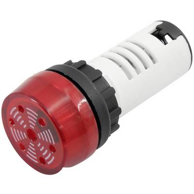 Een rode LED-flitssignaalgever met geïntegreerde akoestische alarmering voor waarschuwing of alarmsignalering in industriële omgevingen.
