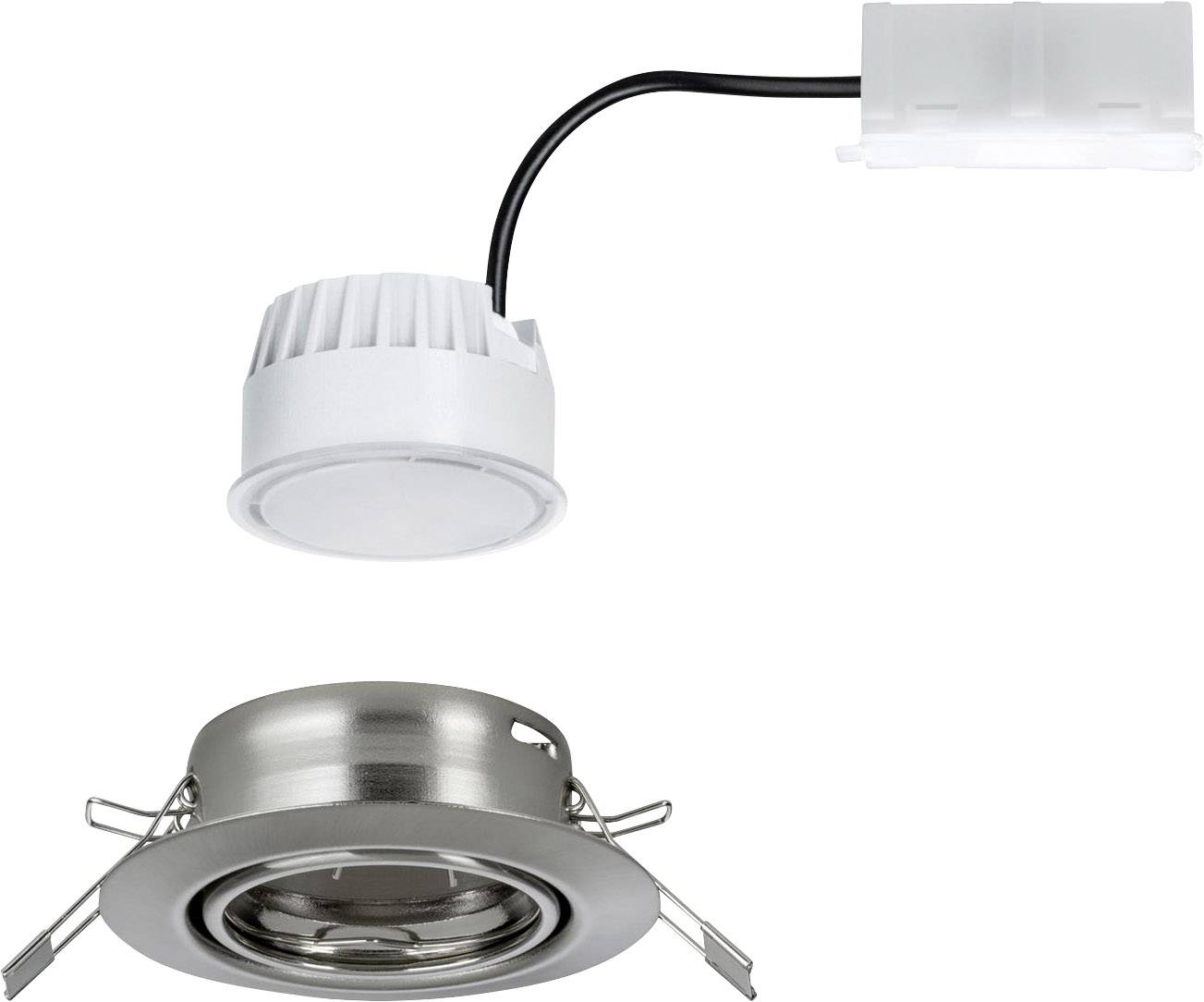 LED-spot met houder en aansluitkabel, geschikt voor inbouw in plafonds, modern design in zilver en wit.