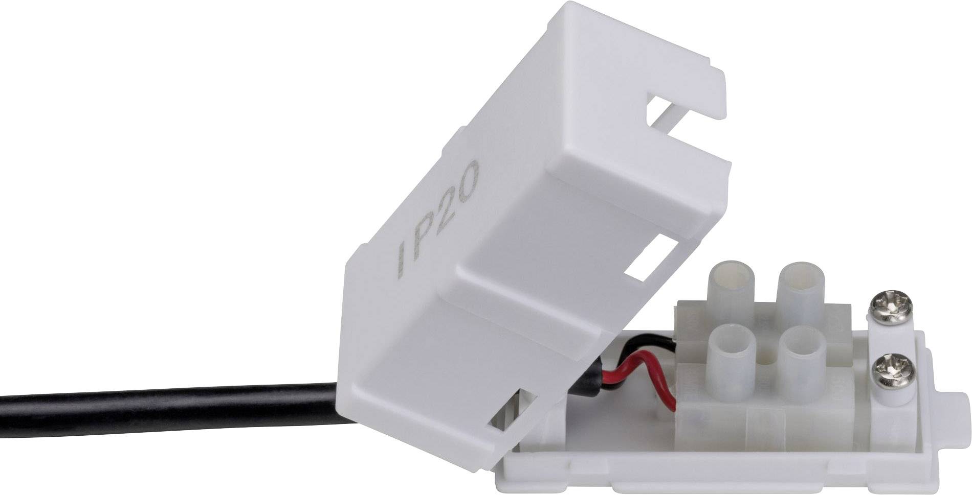 'IP20-connector met open behuizing en zichtbare kabelaansluitingen. Witte kunststofconstructie met zwart kabel.'