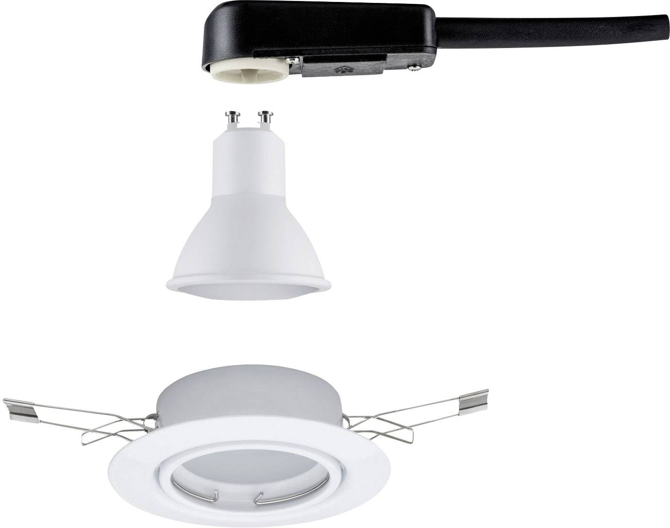 LED-lamp met GU10-fitting wordt voorbereid voor installatie in een ronde, witte plafondspot.