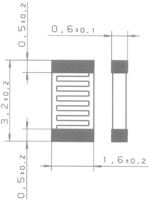 Technische tekening van een elektronisch onderdeel met afmetingen: breedte 0,6 mm, lengte 3,2 mm, hoogte 1,6 mm. Toleranties ±0,1/0,2 mm.