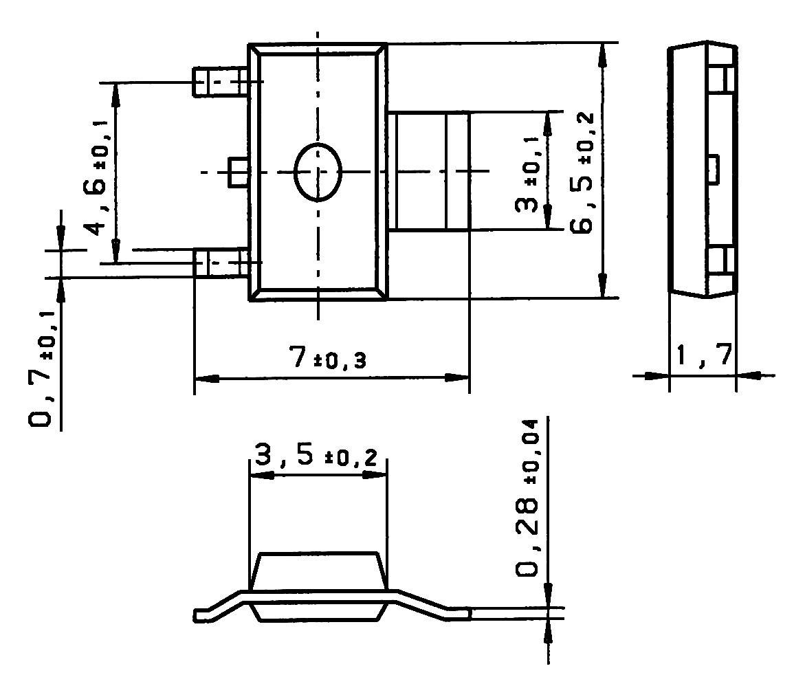 Technische tekening van een elektronisch onderdeel met afmetingen in millimeters. Voor- en zijaanzicht tonen gedetailleerde maten.