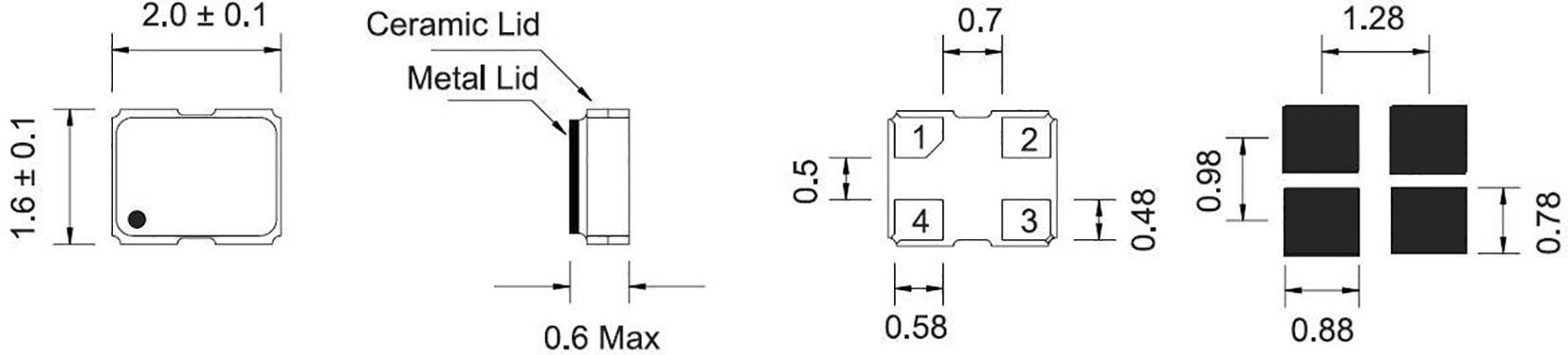 'Diagram van een component met afmetingen: 2,0 x 1,6 x 0,6 mm. Toont metalen en keramische deksel. Vierkante contactoppervlakken: 0,58 x 0,48 mm.'