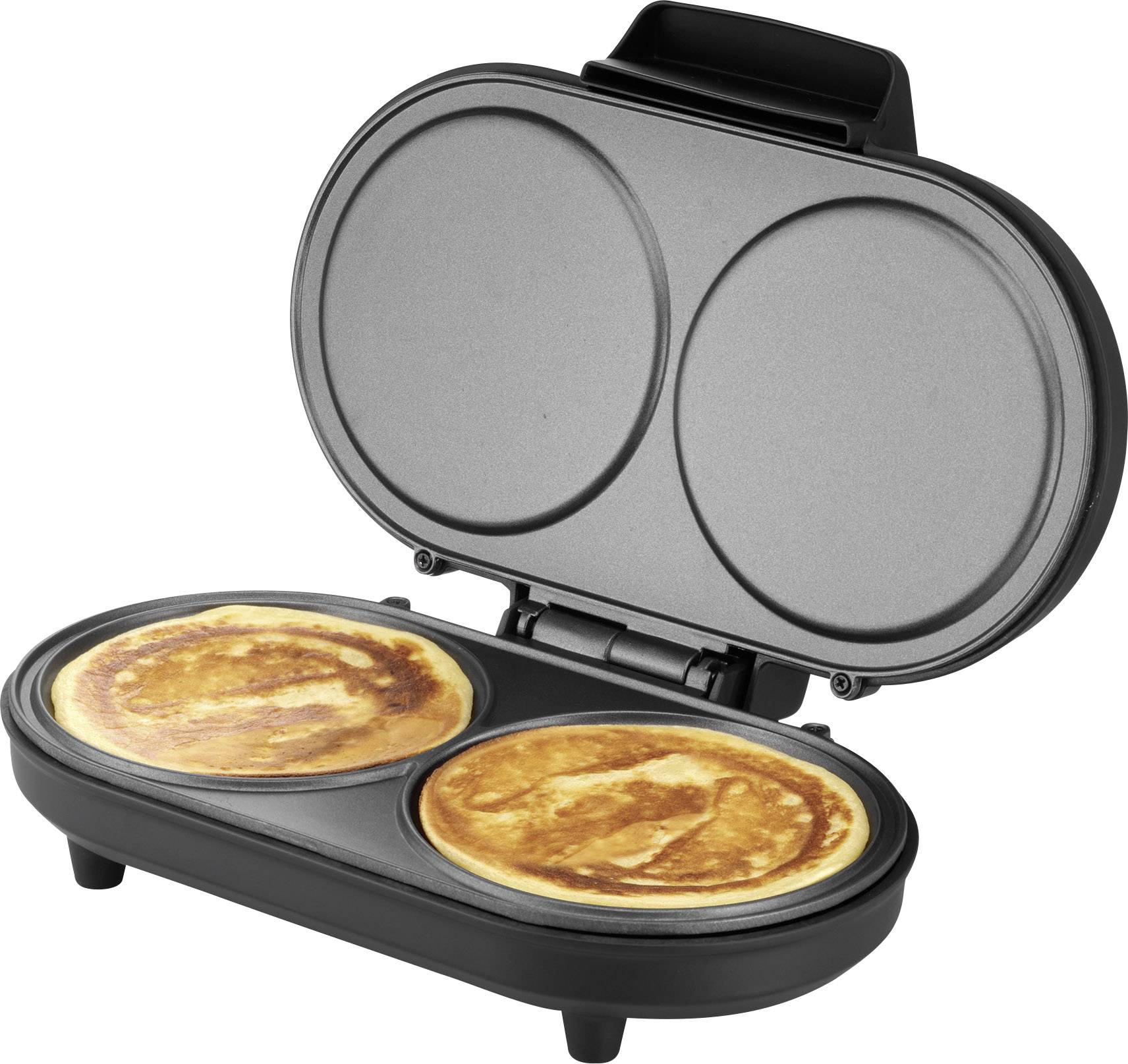 Een dubbele pancakemachine bakt twee goudbruine pannenkoeken op een grijze anti-aanbakplaat.