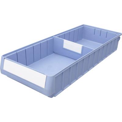 Blauwe kunststof opbergdoos met witte etiketoppervlakken, rechthoekig en voorzien van een aanpasbare scheidingswand in het midden voor opslag of organisatie.