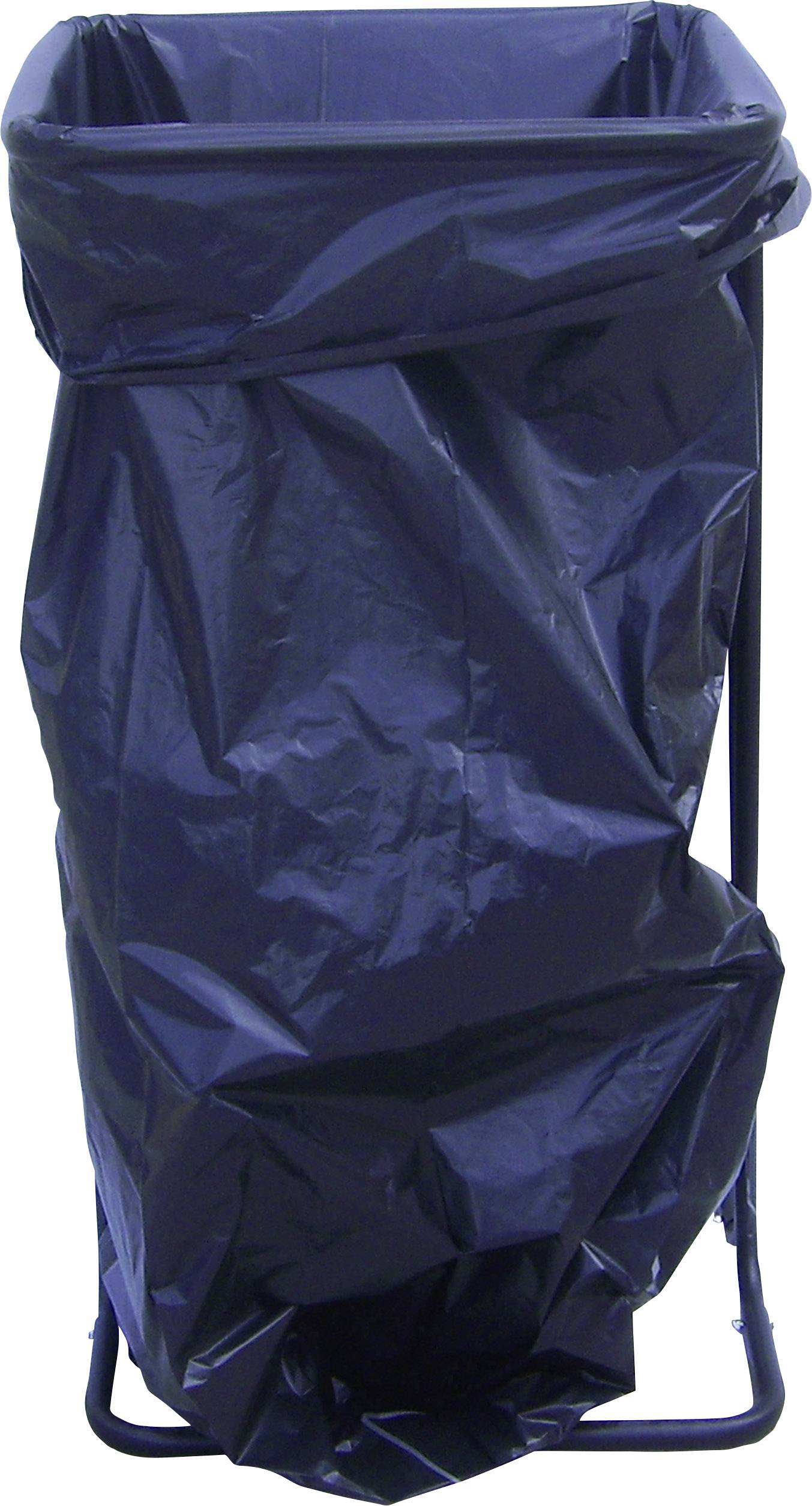 Donkere vuilnisemmer met plastic vuilniszak op een metalen frame.