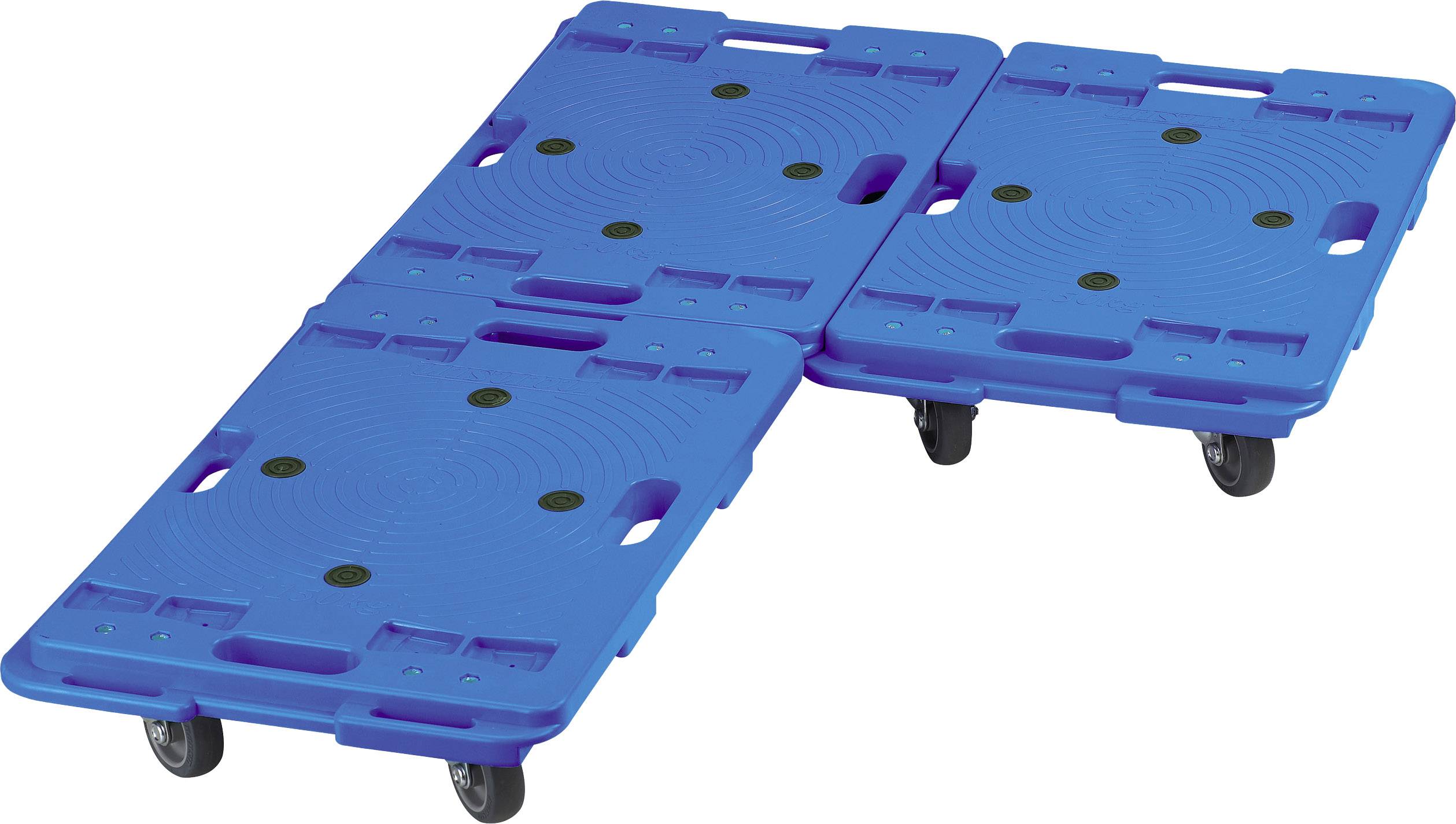 Twee blauwe skateboard zijn met elkaar verbonden. Ze hebben elk vier zwarte wielen.