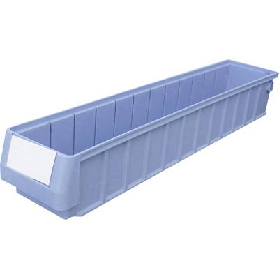 Een blauwe, langwerpige bloembak met een wit etiket aan de zijkant. Geschikt voor het beplanten op balkons of vensterbanken.