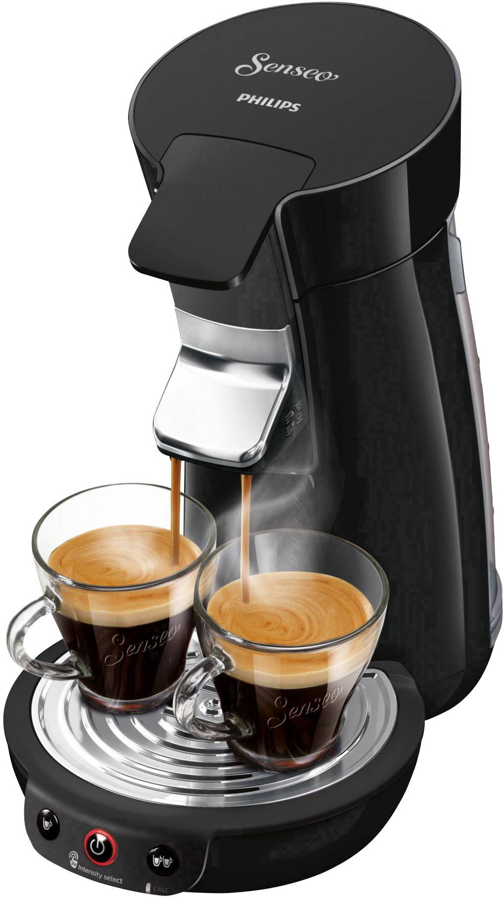 Twee kopjes vers gezette koffie worden tegelijkertijd uitgegeven uit een zwarte Senseo-koffiemachine van Philips.