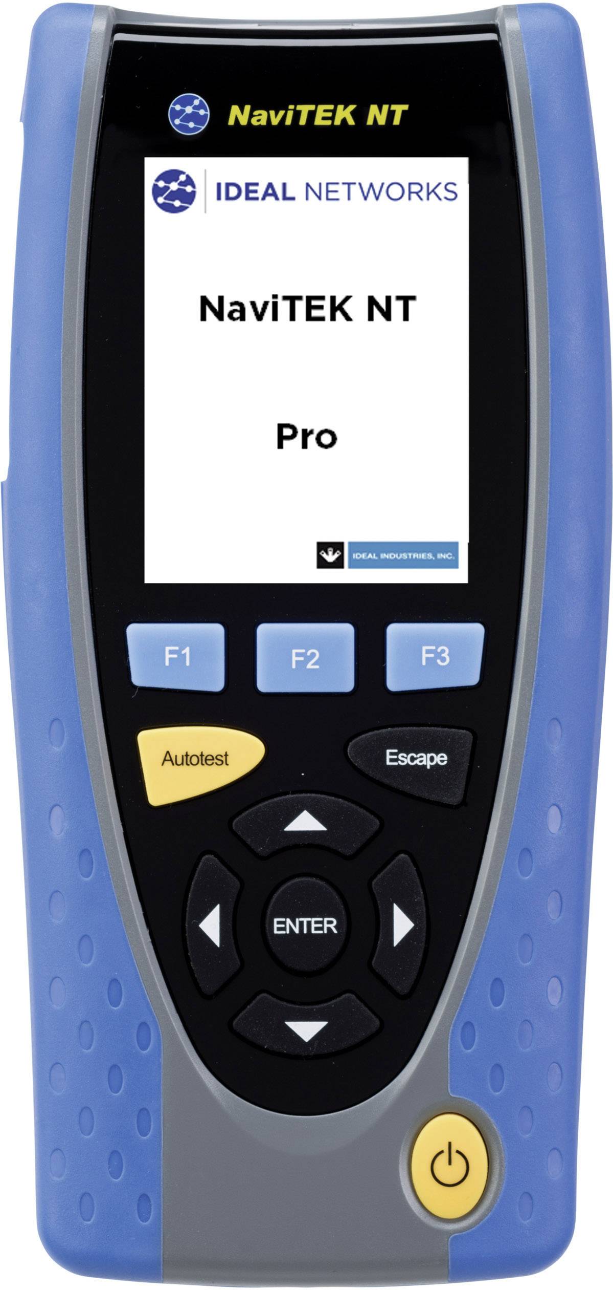 Een blauw-zwart handapparaat met toetsen voor netwerktest. Het scherm toont 'NaviTEK NT Pro' van 'IDEAL NETWORKS'.
