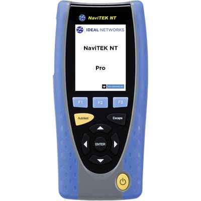 Een blauw-zwart handapparaat met toetsen voor netwerktest. Het scherm toont 'NaviTEK NT Pro' van 'IDEAL NETWORKS'.