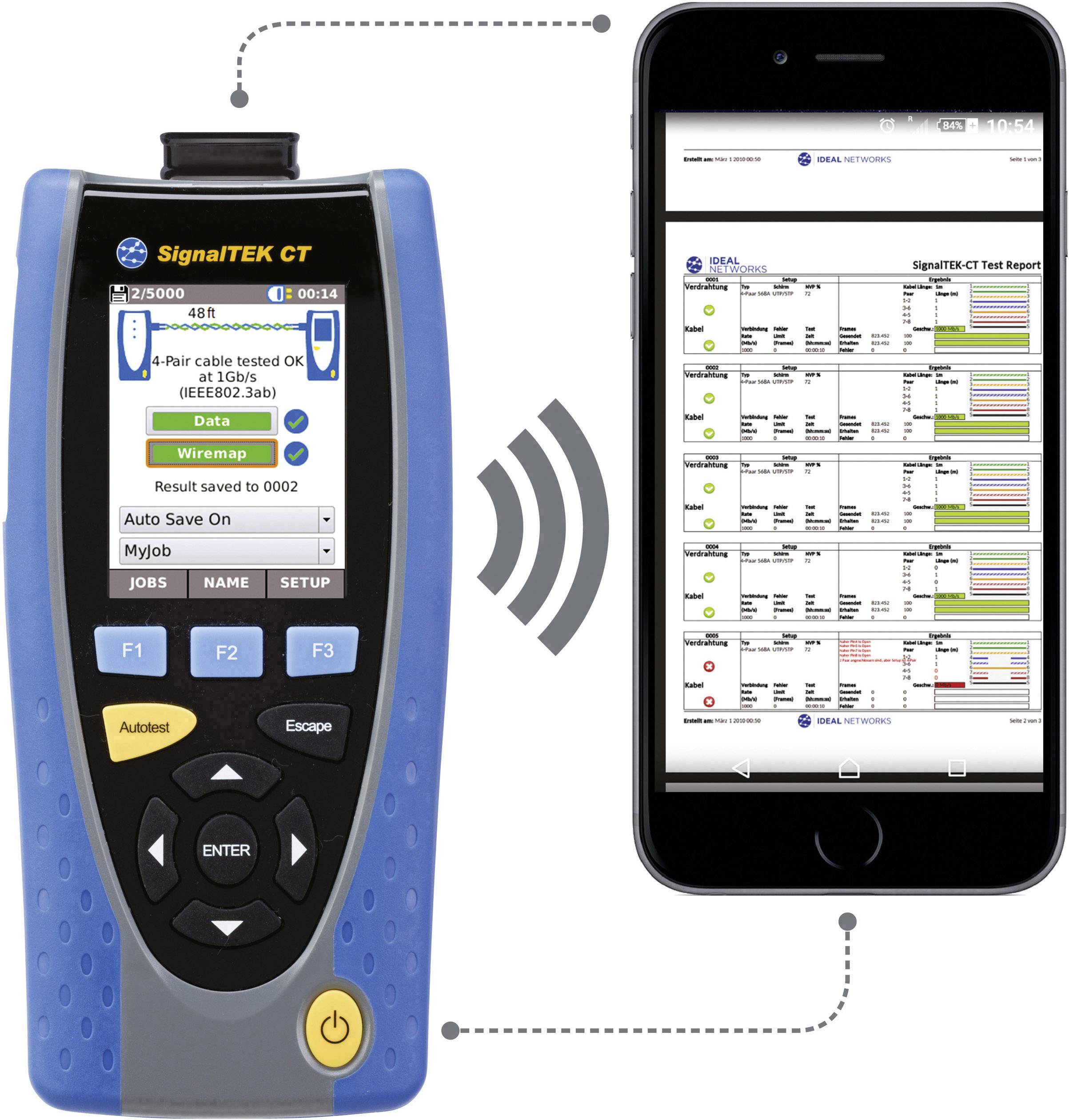 Een blauw handapparaat met toetsen toont testresultaten. Ernaast een smartphone met gedetailleerde testverslagen op het scherm.