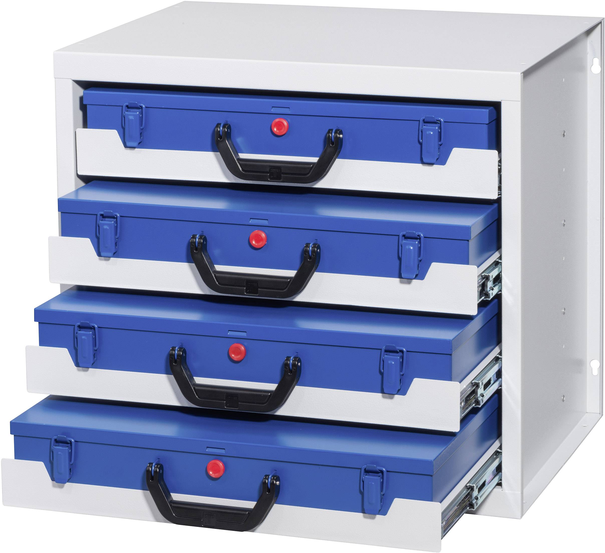 Witte metalen kast met vier blauwe, uittrekbare laden, elk voorzien van een zwarte handgreep en een rode vergrendelingsknop.