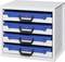 Een witte kast met vijf blauwe laden, uitgerust met zwarte grepen en rode knopen. Geschikt voor materiaalbewaring.