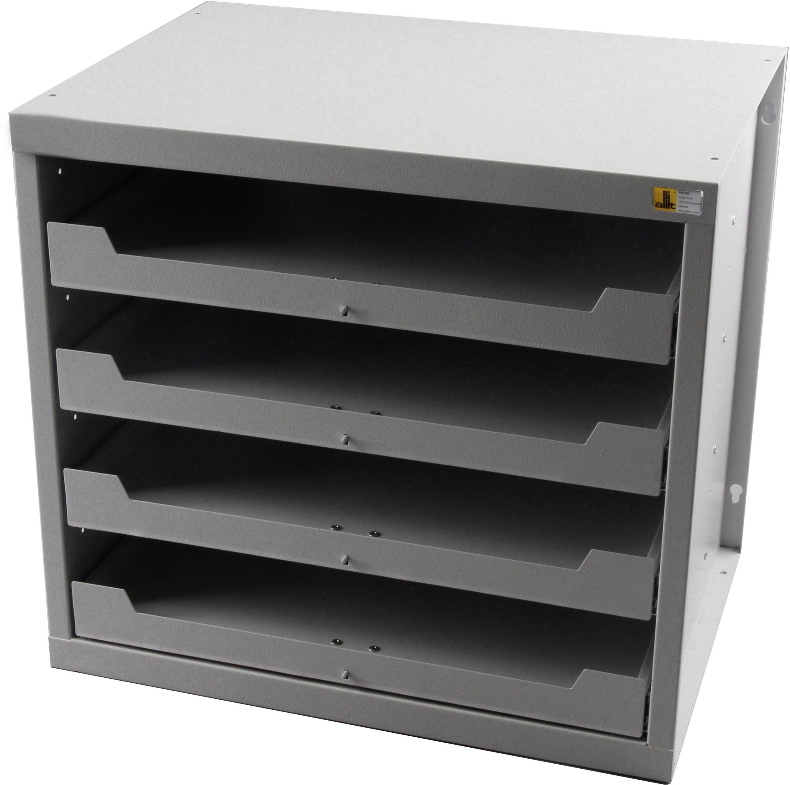 Een grijze archiefkast met vier horizontale laden voor het organiseren van documenten. Hij staat vrij in de ruimte.