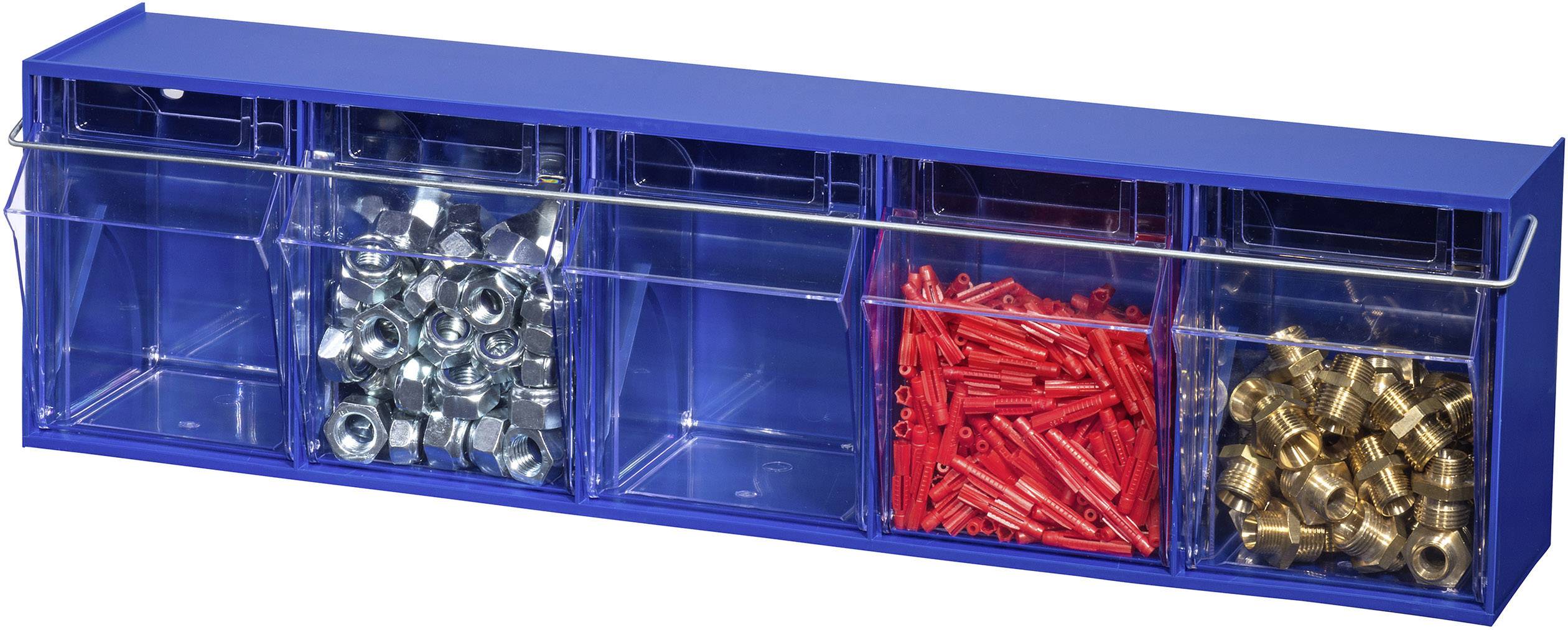 Een blauwe kunststof organizer met vijf transparante vakken, gevuld met metalen moeren, rode stekkers en messing aansluitingen.