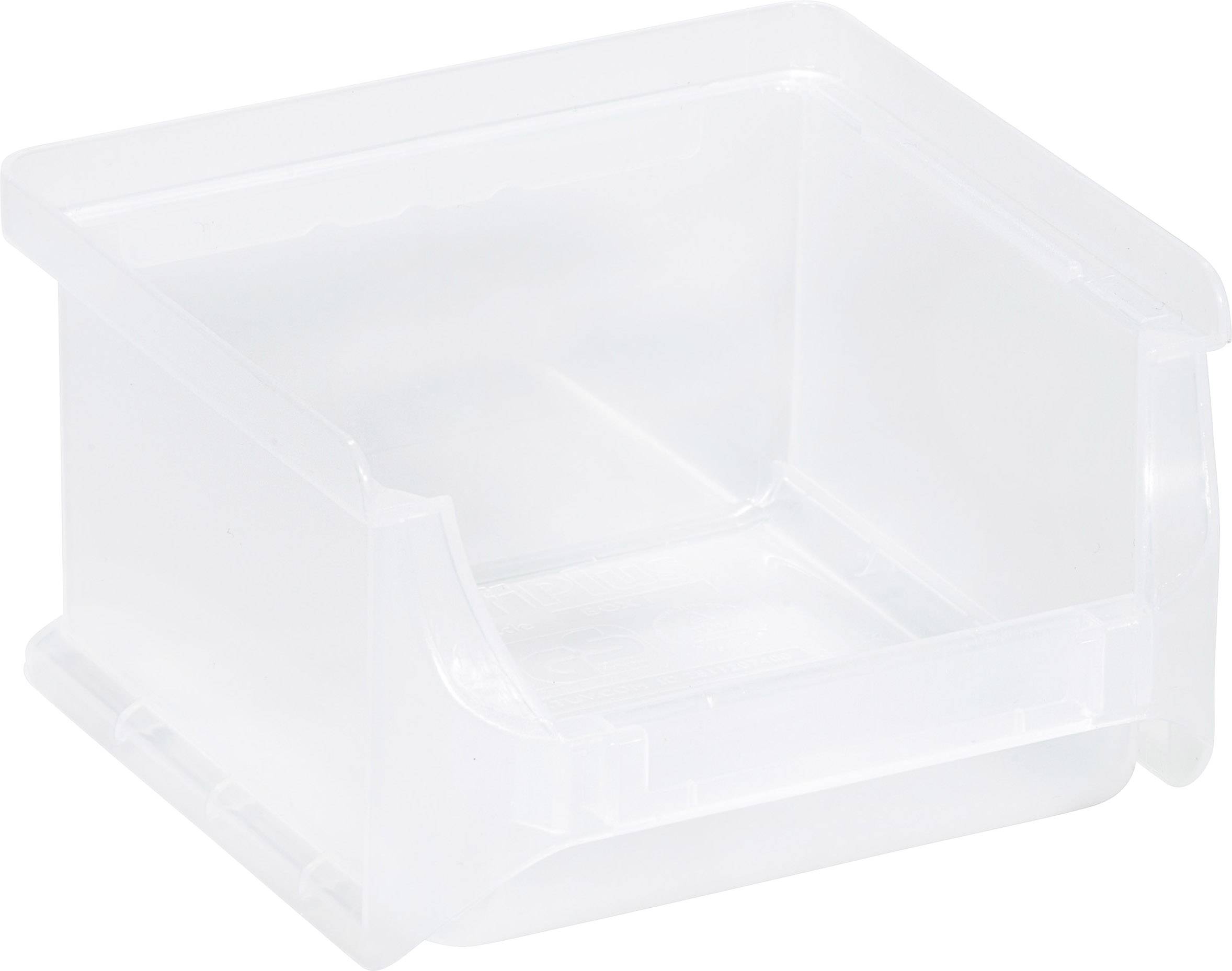 Een transparante, lege plastic opslagbox, geopend aan de bovenkant naar voren.