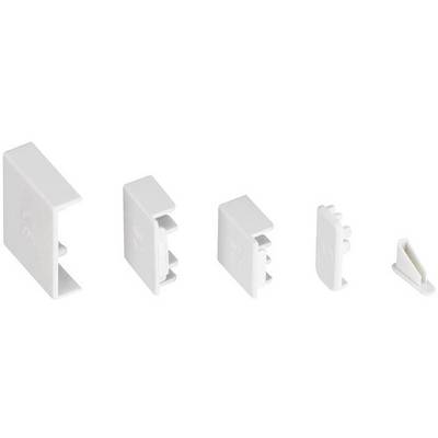 Vijf witte kunststof verbindingsstukken in verschillende formaten en vormen, waarschijnlijk bedoeld voor gebruik in elektronica- of meubelconstructies.