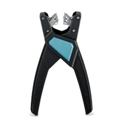 Kabelstripper, zwart met blauwe accenten, staat rechtop zonder kabels.