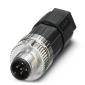 Een zwarte en zilveren multi-connector met meerdere pinnen, schuin gefotografeerd. Voornamelijk gebruikt voor elektronische verbindingen.