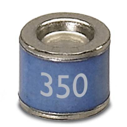 Kleine, cilindrische magneet met een blauwe coating en het getal '350' aan de zijkant.