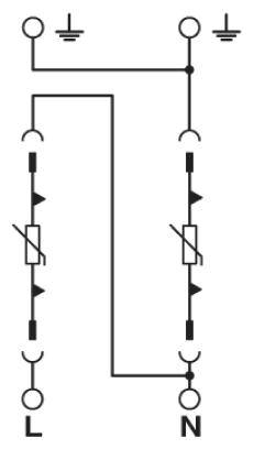 'Schakelschema van een wisselstroomcircuit met twee zekeringen, twee diodes en aardingssymbolen'