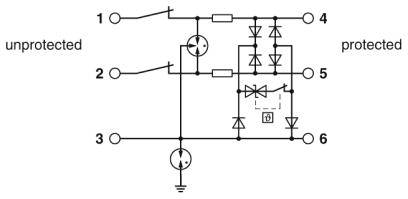Schakelschema van een elektrisch beschermingssysteem met diodes, weerstanden en transistoren. Links: 'onbeschermd', rechts: 'beschermd'.