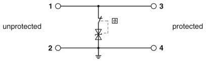 Schakelschema van een overspanningsbescherming: Vier aansluitingen (1-4), een beschermdiode tussen 1/2 en 3/4, gemarkeerd als 'onbeschermd' en 'beschermd'.