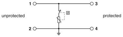 Schakelschema met vier aansluitpunten: 1 en 2 onbeschermd, 3 en 4 beschermd. Een diode geeft de stroomrichting aan.