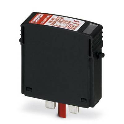 Een zwart elektrisch apparaat met twee metalen contacten en rode markeringen aan de bovenkant, waarschijnlijk een zekeringselement.