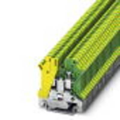 Groene en gele PLC-klemmen die op een metalen basis zijn gemonteerd.