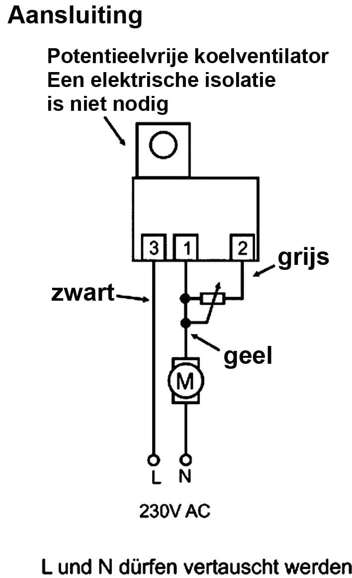 Aansluitschema voor een elektrisch apparaat met aanduidingen: zwart naar 3, grijs naar 1, geel naar 2. Opmerking: 'L en N mogen worden verwisseld'.