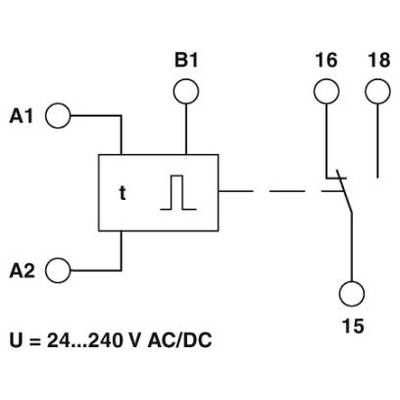 Het diagram toont een tijdrelais met aansluitingen A1, A2, B1 en contacten 15, 16, 18. Spanning: 24-240 V AC/DC.