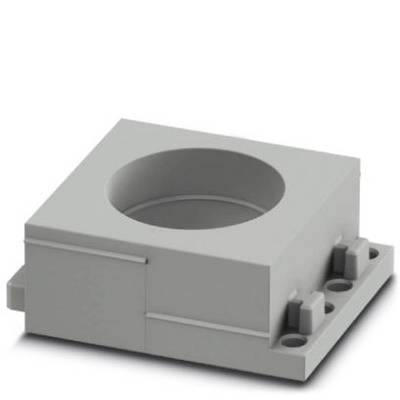 Grijs, vierkant onderdeel met een rond gat in het midden, gemonteerd op een rechthoekige basis. Geschikt voor industriële toepassingen.