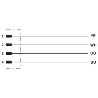 Diagram toont vier genummerde leidingen met kleurcodes: 1 - GE (Geel), 2 - WH (Wit), 3 - OR (Oranje), 4 - BL (Blauw).