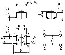 Technische tekening van een schakelaar met vier aanzichten. Maten zijn in millimeters aangegeven. Boven- en zijaanzicht tonen de schakelhoogte en -breedte. Onderaan bedradingsschema met vier aansluitingen.