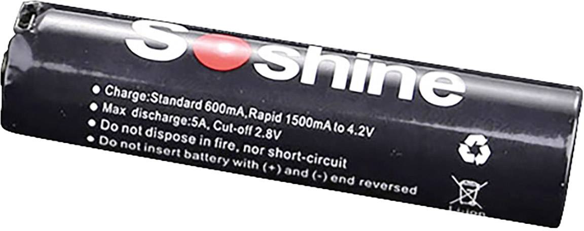 Batterij met opschrift 'Soshine', capaciteit 600mA, ontlaadstroom 5A, waarschuwingen in het Engels.