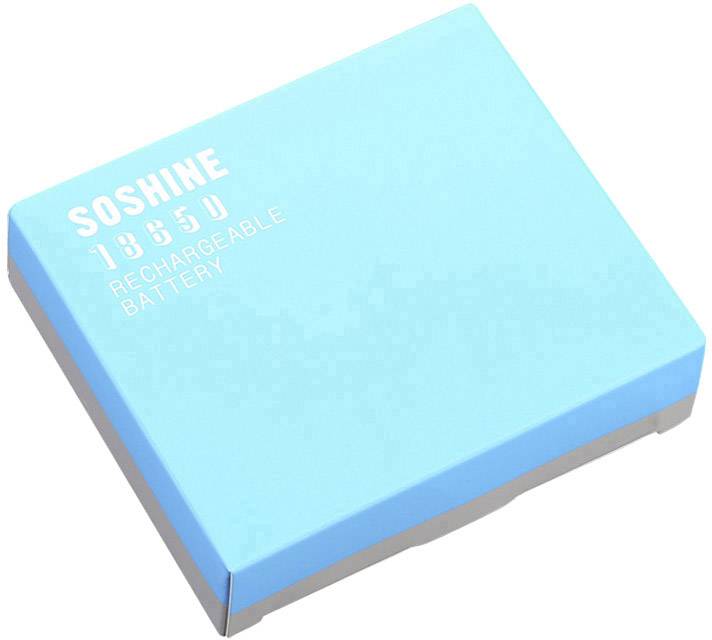 Een blauwe verpakking met het opschrift 'Soshine 18650 Oplaadbare Batterij', die oplaadbare batterijen bevat.