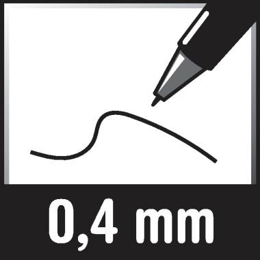 Zwart-witte illustratie van een pen met de dunne lijn '0,4 mm', die de pendikte aangeeft.