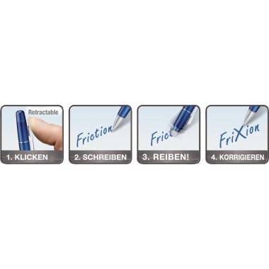 'Vier stappen voor het gebruik van een pen: 1. Klikken - pen uitschuiven. 2. Schrijven. 3. Wrijven. 4. Corrigeren.'