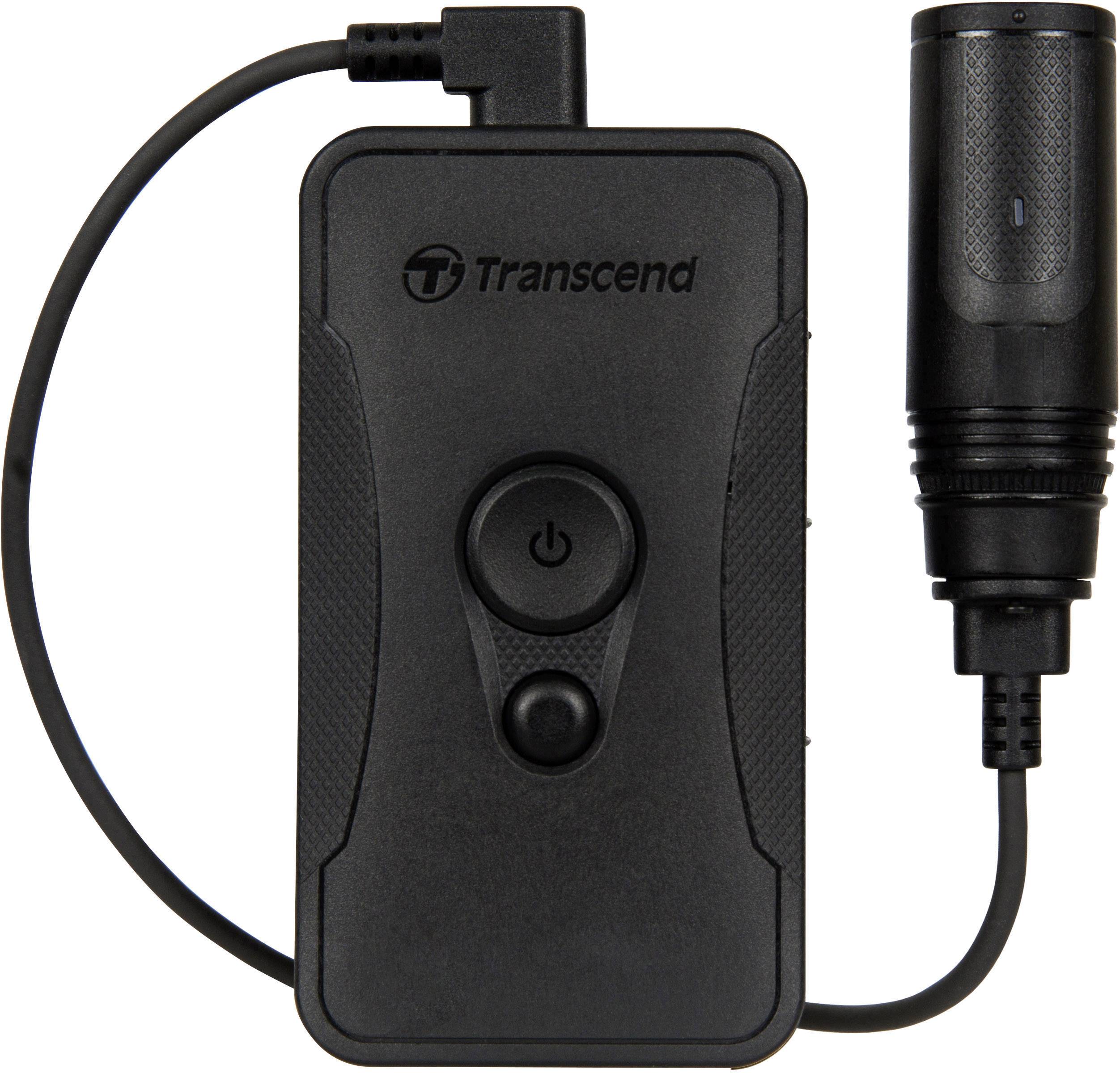 Een draagbare zwarte opnamerecorder met een ronde aan/uit-knop in het midden. Een kabel verbindt het met een microfoon.