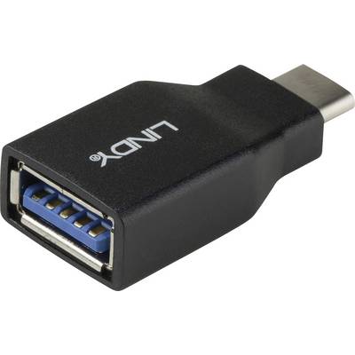 Een USB-C-naar-USB-A-adapter in het zwart, gemerkt met 'LINDY', toont de ingangs- en uitgangsaansluitingen.