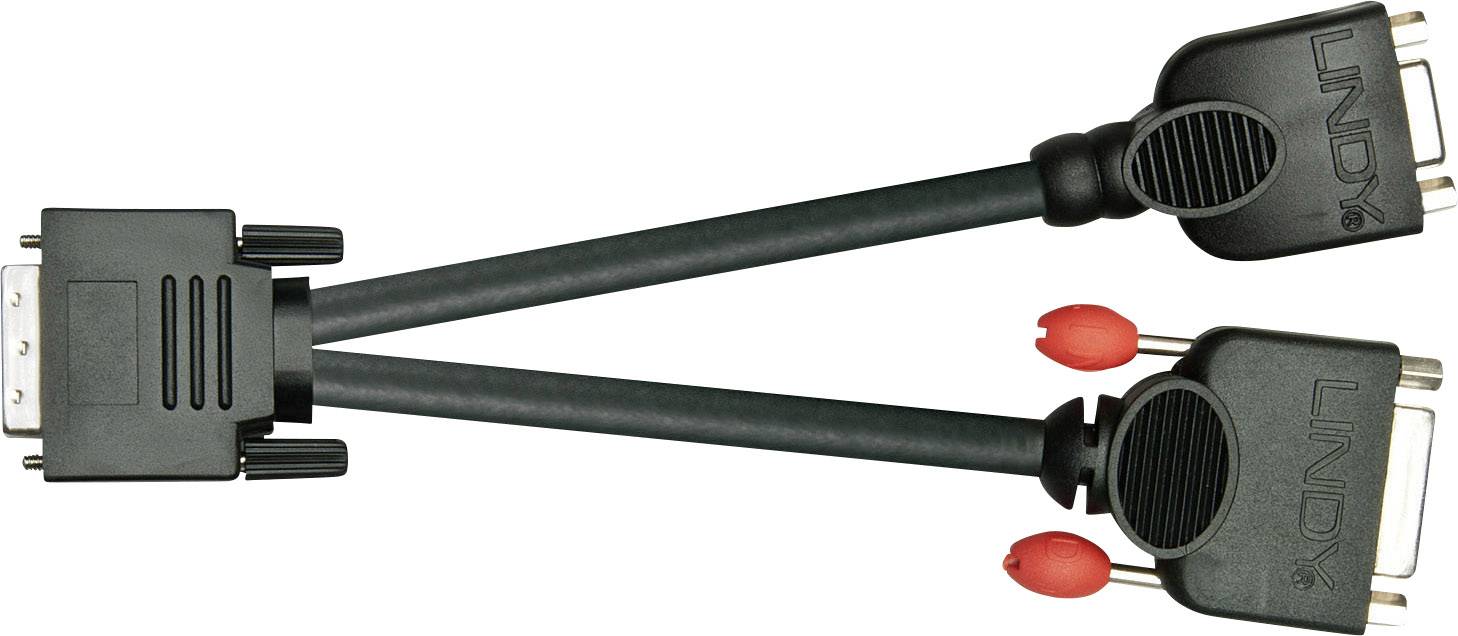 LINDY 41218 DVI-kabel DVI / VGA / DVI Adapterkabel DVI-I 24+5-polige stekker, DVI-D 24+1-polige bus, VGA-bus 15-polig 0.20 m Zwart